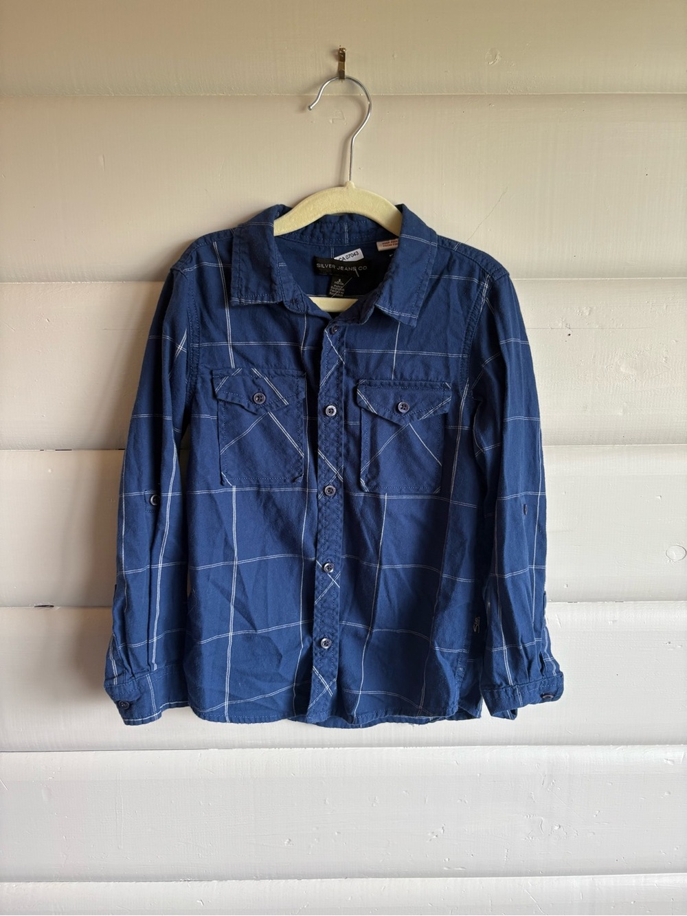 3/$25 Silver Jeans Co Boys Blue Windowpane Button-Up Shirt Size 6 Cotton